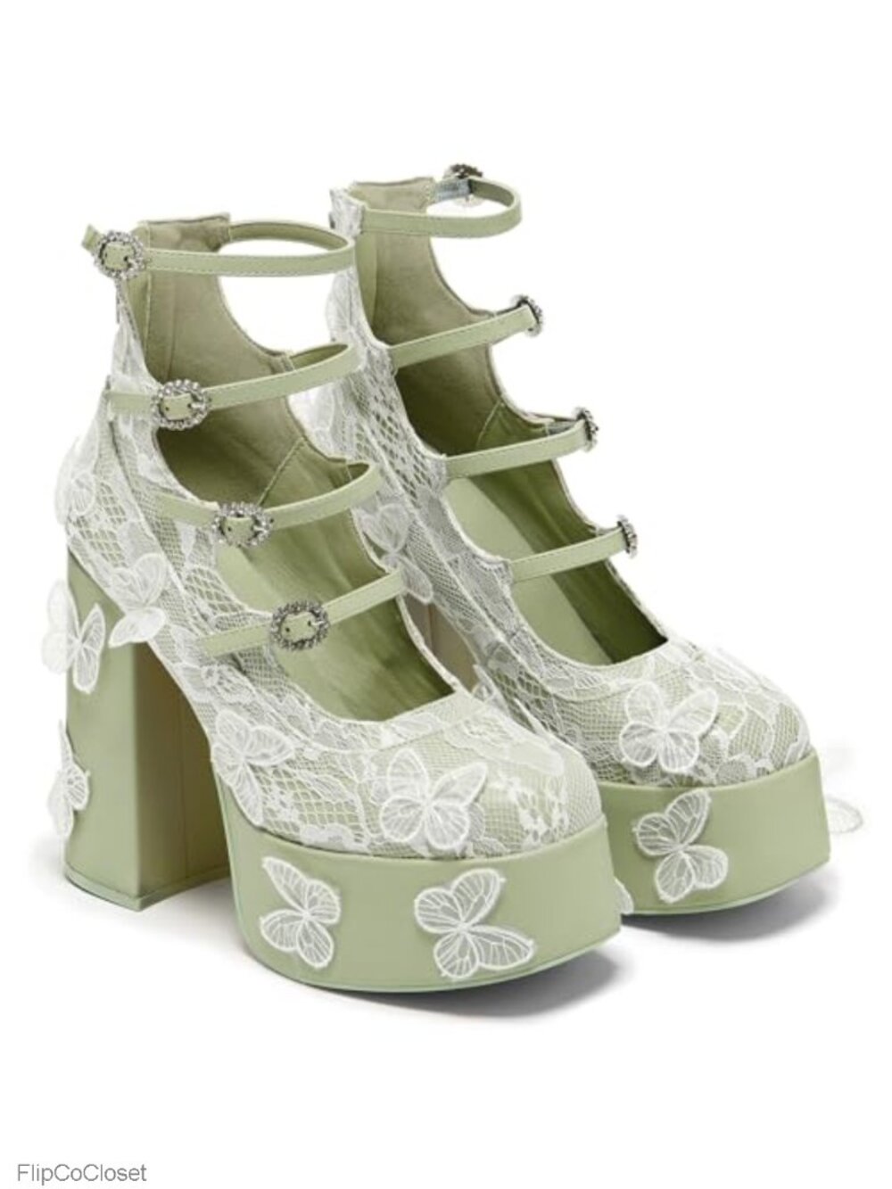 Platform Chunky Heels Lace Butterfly Ankle Strap Mary Jane Pumps